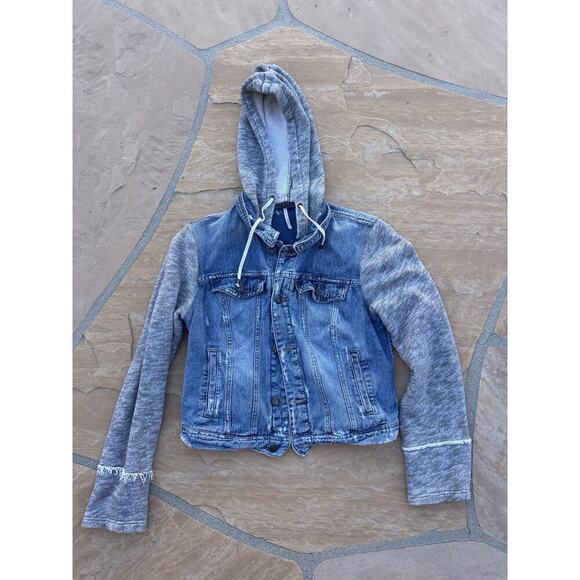 Free People Distressed Denim & Knit Sweater HOODIE Jacket S French Terry Gray - Picture 3 of 9